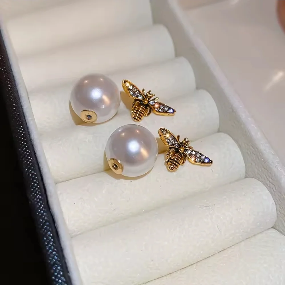 Pearl Bee Earrings in White and Gold - Picture 5 of 5